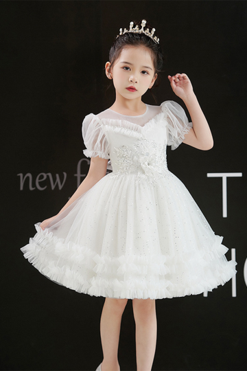 Princess-Inspired White Tulle Dress with Ruffled Skirt and Floral Embellishments