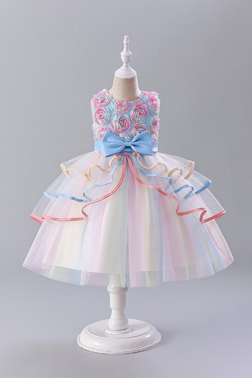 Whimsical Pastel Tulle Dress with Flower Bodice and Ruffled Skirt