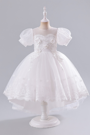 Elegant White Tulle Dress with Floral Embroidery and Puff Sleeves