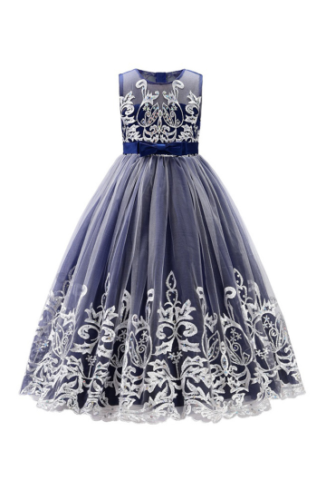 Royal Blue Embroidered Tulle Dress with Satin Bow and Lace Detailing
