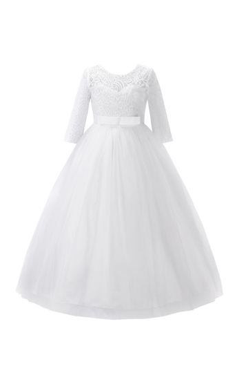 Classic White Lace Bodice Dress with Satin Belt and Tulle Skirt