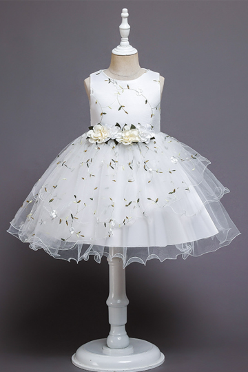 Delicate White Embroidered Tulle Dress with Floral Waistband