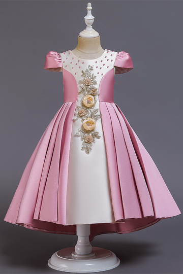 Elegant Pink and White Dress with Floral Embellishments and Pleated Skirt.