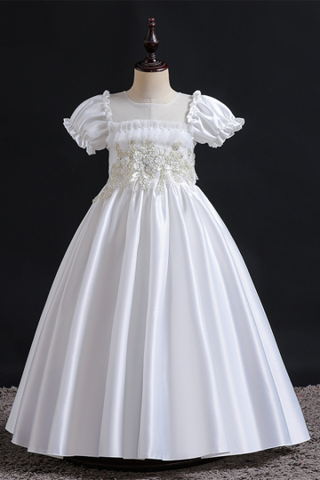 Classic White Satin Dress with Floral Embellished Bodice and Puff Sleeves.