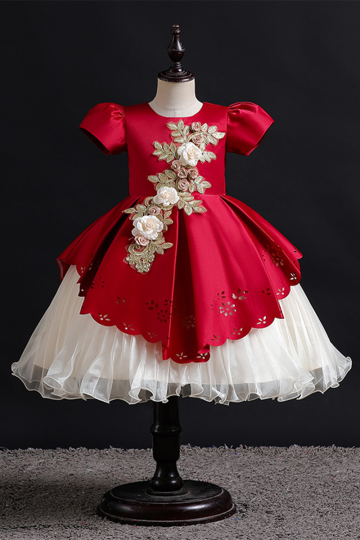 Elegant Red and White Dress with Floral Embellishments and Scalloped Hem.