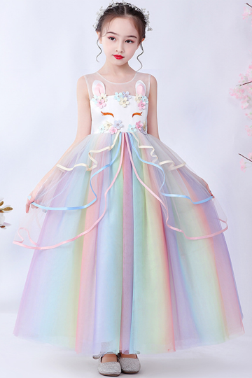 Whimsical Rainbow Tulle Dress with Floral Embellishments and Bunny Ears.
