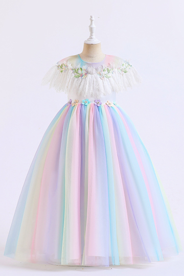 Pastel Rainbow Tulle Dress with Floral Embellished Bodice and Ruffled Sleeves."