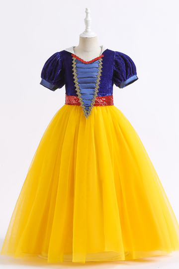 Snow White-Inspired Velvet and Tulle Dress with Gold Trim