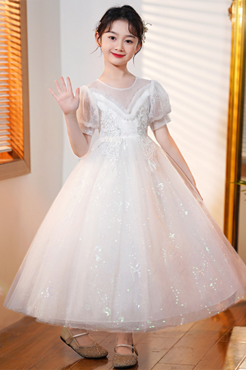 Sparkling White Tulle Dress with Floral Lace and Puff Sleeves