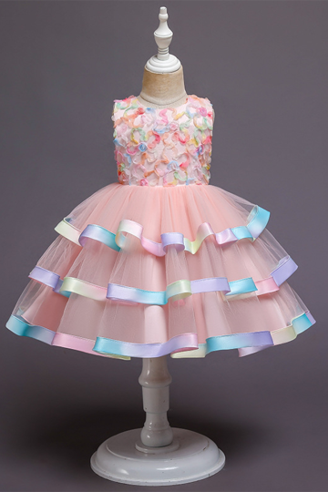 Colorful Petal Embellished Tulle Dress with Ruffled Ribbon Hem