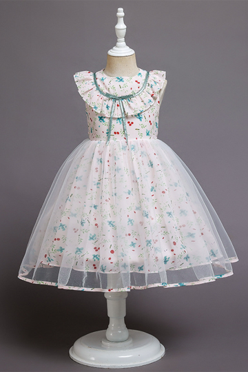 Floral Print Tulle Dress with Ruffled Collar and Sleeves