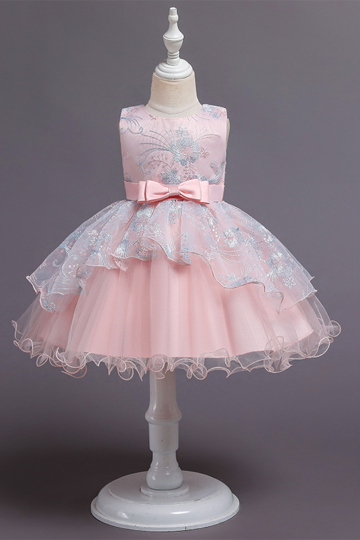 Elegant Pink Tulle Dress with Floral Embroidery and Satin Bow