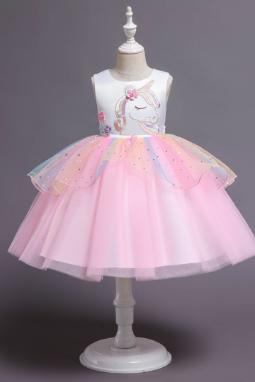 Whimsical Unicorn Embroidered Dress with Rainbow Tulle Skirt
