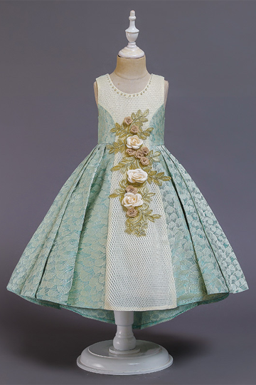 Elegant Mint Green Lace Flower Girl Dress with Floral Embellishments