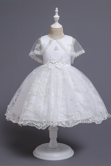 Delicate White Lace Flower Girl Dress with Tulle Skirt and Bow Detail