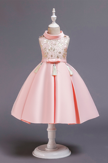 Charming Pink Satin Flower Girl Dress with Embroidered Bodice and Tassel Details