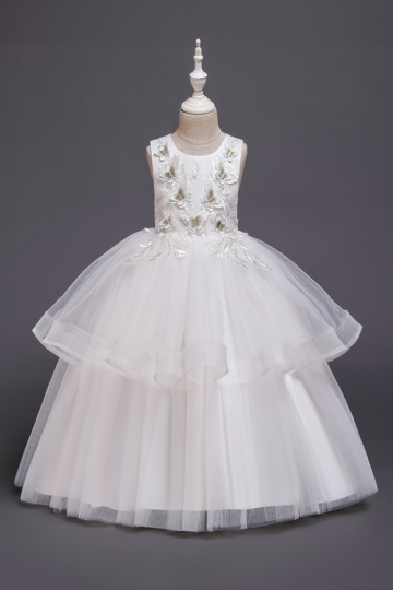 Elegant White Flower Girl Dress with Floral Embroidery and Layered Tulle Skirt