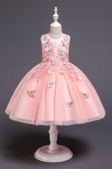Pink Butterfly Embellished Flower Girl Dress with Floral Embroidery and Tulle Skirt