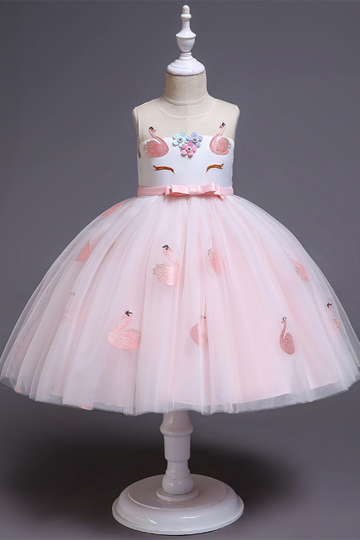 Pink Swan Embellished Flower Girl Dress with Tulle Skirt and Bow Detail