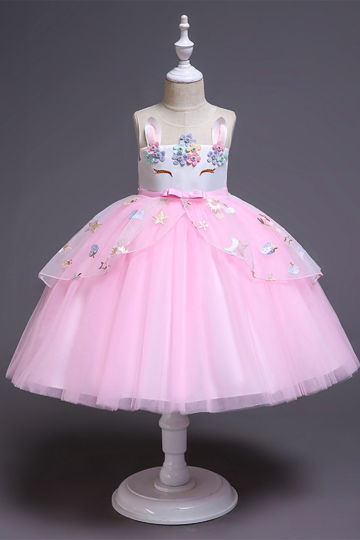 Whimsical Pink Unicorn Embellished Flower Girl Dress with Tulle Skirt and Starry Details