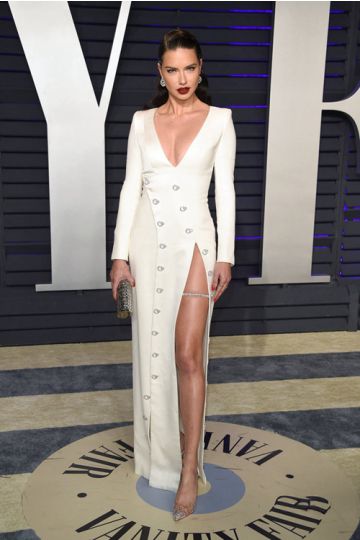 Ivory Temptress Adriana Lima Inspired White Deep V Neck Long Sleeve High Slit Sheath Celebrity Formal Prom Dress Oscars 2019 Party