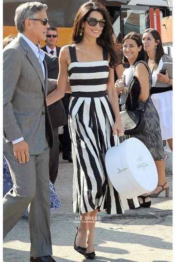 Amal Clooney Inspired Black and White Striped Dress