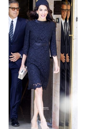 Amal Clooney Navy Knee-length Lace Cocktail Party Celebrity Dress