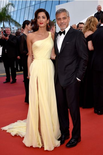 Ethereal Sunshine Amal Clooney Inspired Yellow Chiffon One Shoulder High Slit Sweep Train Celebrity Formal Prom Dress Cannes 2016