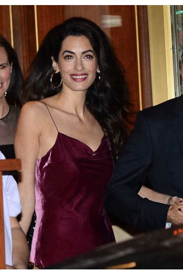 Amal Clooney Short Burgundy Velvet Cocktail Party Celebrity Dress