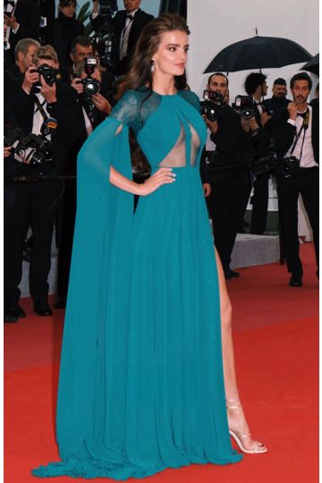 Anna Andres Teal Blue Lace Chiffon Long-sleeve Formal Dress Cannes 2018