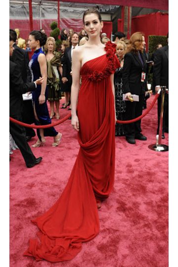 Anne Hathaway Red Floral One-shoulder Chiffon Celebrity Formal Prom Dress Oscars 2008