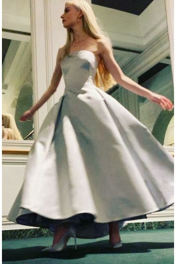 Anya Taylor-Joy Inspired Silver Strapless Satin Ball Gown Dress Golden Globes 2021