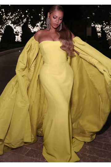 Beyonce Inspired Yellow Strapless Dress with Cape Oscars 2022