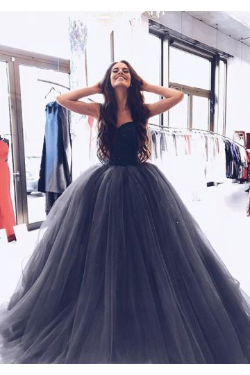 Black Strapless Sweetheart Tulle Ball Gown Prom Dress