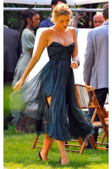 Blake Lively Short Blue Strapless Chiffon Cocktail Party Celebrity Dress Gossip Girl