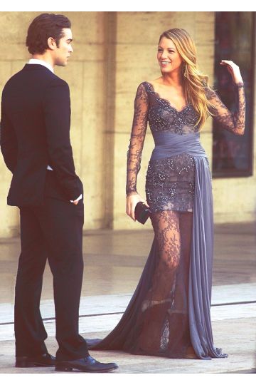 Blake Lively Gray Lace Long-sleeve Dress in TV Show "Gossip Girl" Fashion