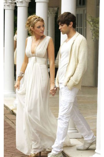 Blake Lively White V-neck Sleeveless Chiffon Formal Prom Celebrity Dress Gossip Girl