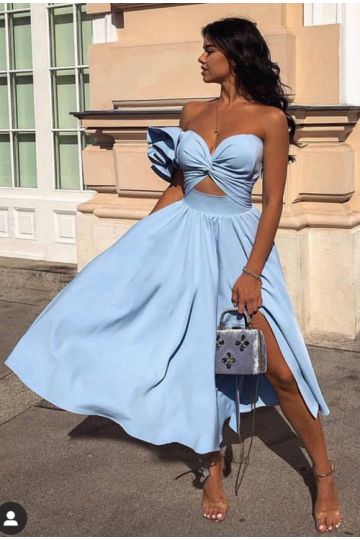 Blue Sweetheart Cut-out Prom Party Dress with Ruffled Sleeve