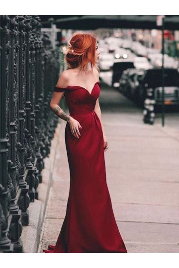 Crimson Whisper Celebrity Inspired Burgundy Satin Off Shoulder Sweetheart Sheath Sweep Train Formal Prom Dress