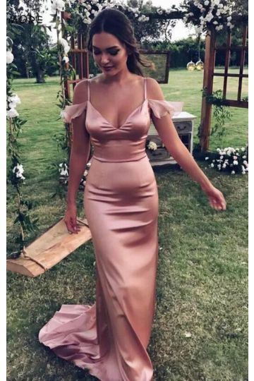 Rose Pink Satin Spaghetti Straps Formal Prom Party Bridesmaid Celebrity Dress