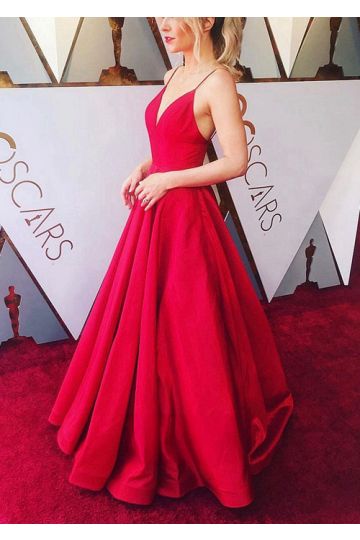 Red Spaghetti Straps V-neck Satin Long Formal Prom Celebrity Dress