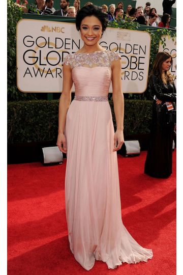 Blush Enchantment – Pink Chiffon Cap-Sleeve Evening Gown