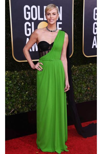 Charlize Theron Green One-shoulder Formal Prom Celebrity Dress Golden Globes 2020