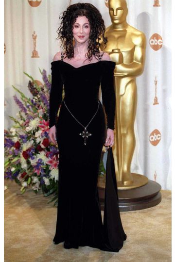 Cher Black Velvet Off-the-shoulder Long-sleeve Velvet Celebrity Evening Dress Oscars 2000