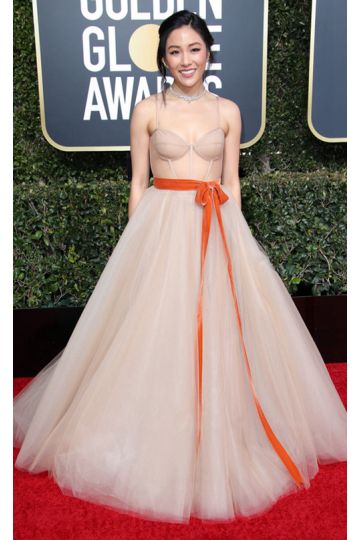 Constance Wu Nude Tulle Formal Prom Dress with Orange Ribbon Golden Globes 2019