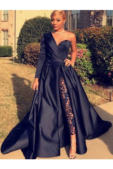 Midnight Elegance – Custom Navy Satin One-Shoulder Gown & Lace-Inlaid Trousers Ensemble