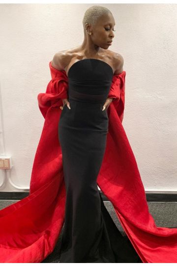 Cynthia Erivo Inspired Black Strapless Mermaid Celebrity Evening Dress with Red Cape