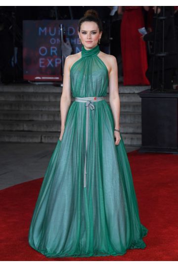 Daisy Ridley Green High-neck Formal Dress 'Murder On The Orient Express' Premiere
