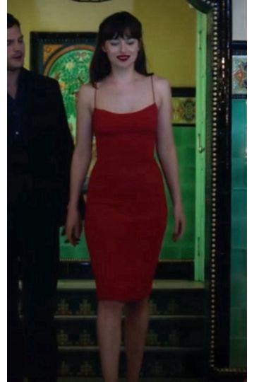 Dakota Johnson Fiery Red Spaghetti Strap Sheath Engagement Dress Fifty Shades Darker
