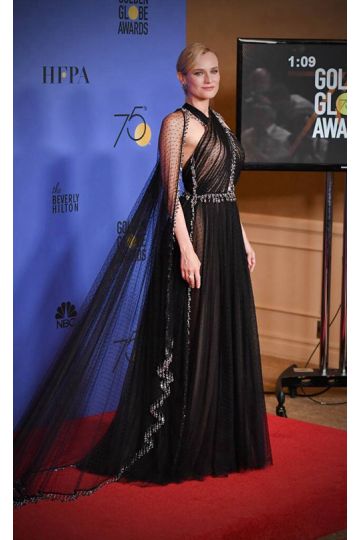 Diane Kruger Black Beaded Tulle Cape Formal Celebrity Dress Golden Globes 2018